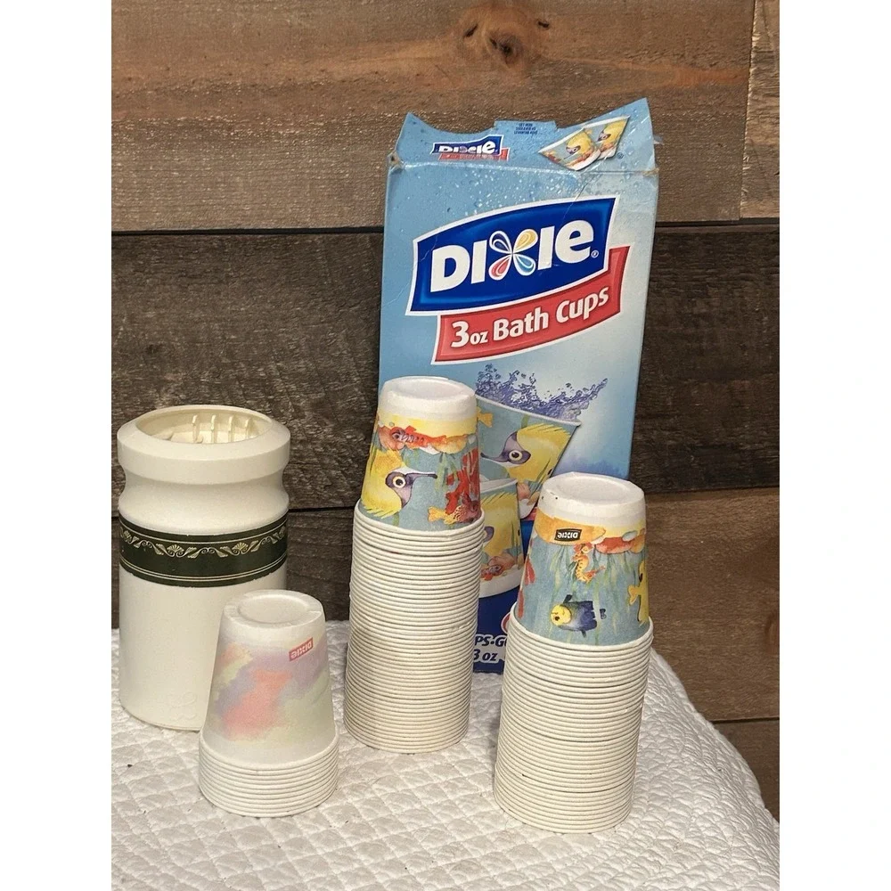 VTG Dixie Discontinued Ocean Fish 3oz Bath Cup Refill Open Box 90 Cups &‎ Holder